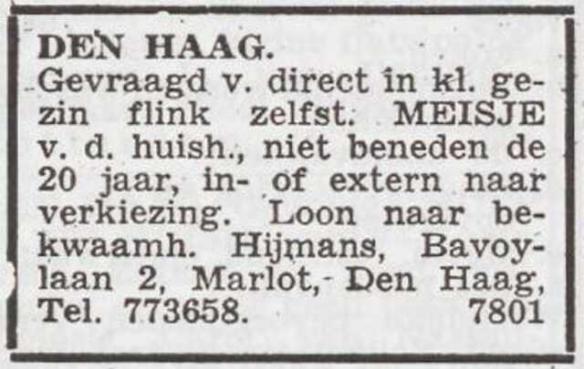 Advertentie 'personeel gevraagd' van het gezin Jacob Bernard Hijmans