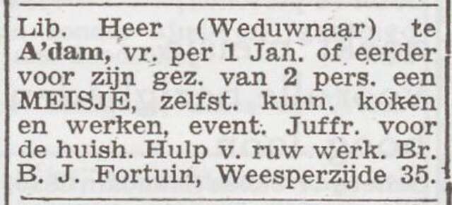 Advertentie 'personeel gevraagd' van Bernard Jacob Fortuin