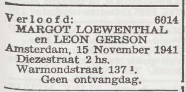 Bekendmaking van de verloving van Margot Loewenthal en Leon Gerson
