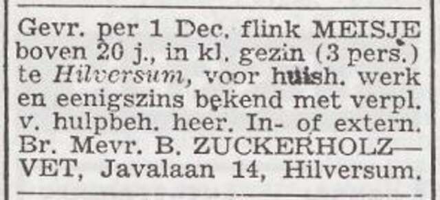 Advertentie 'personeel gevraagd' van Betje Zuckerholz-Vet