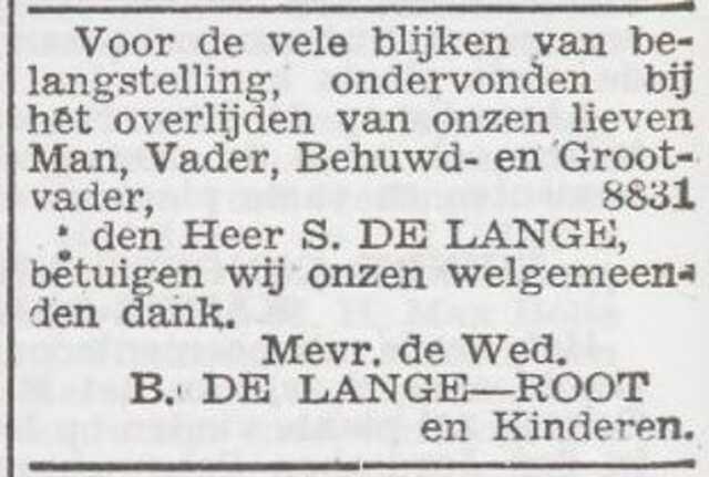 Dankbetuiging van Betje de Lange-Root en kinderen