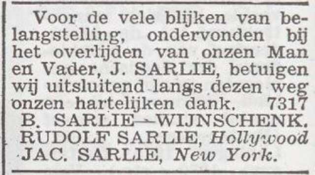 Dankbetuiging van de familie Sarlie