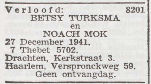 Bekendmaking van de verloving van Betsie Turksma en Noach Simon Mok
