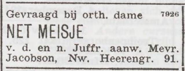 Advertentie 'personeel gevraagd' van Betty Jacobson-Goldschmidt