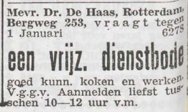 Advertentie 'personeel gevraagd' van het gezin Bernard de Haas