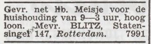Advertentie 'personeel gevraagd' van het gezin Isaac Blitz