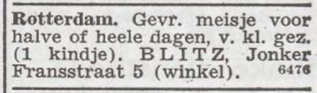 Advertentie 'personeel gevraagd' van het gezin Jacob Blitz
