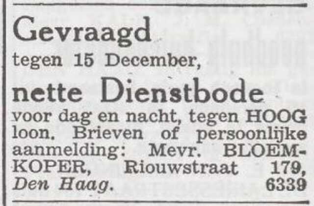 Advertentie 'personeel gevraagd' van het gezin Barend Bloemkoper