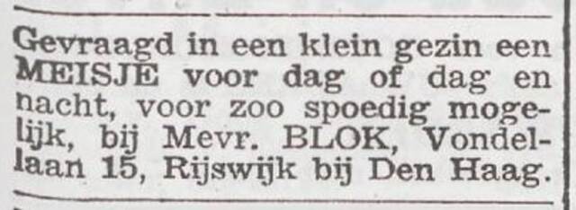 Advertentie 'personeel gevraagd' van het gezin Jacob Blok