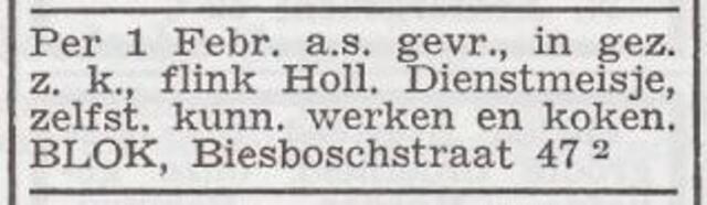 Advertentie 'personeel gevraagd' van het echtpaar Blok