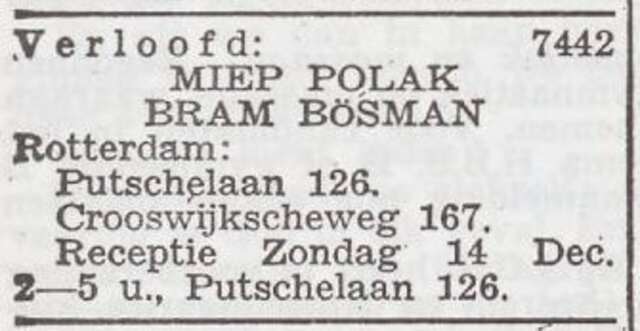 Bekendmaking van de verloving van Miep Polak en Abraham Boesman