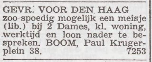 Advertentie 'personeel gevraagd' van de dames Boom