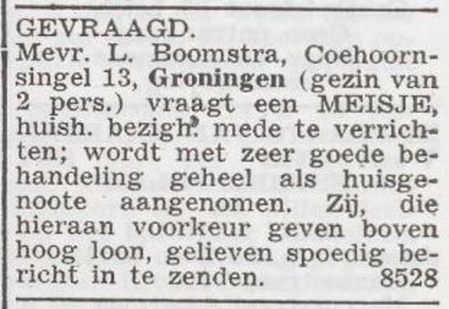 Advertentie 'personeel gevraagd' van Henderina Boomstra-Graveur