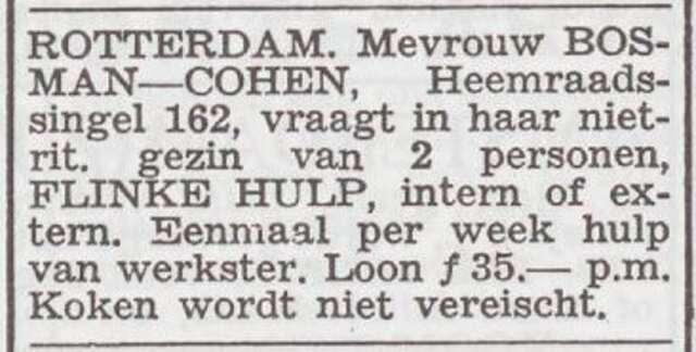 Advertentie 'personeel gevraagd' van Mina Bosman-Cohen