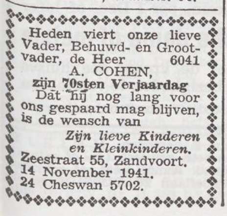 Viering van de 70ste verjaardag van Abraham Cohen
