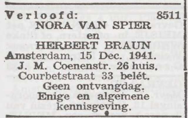 Bekendmaking van de verloving van Herbert Braun en Nora van Spier