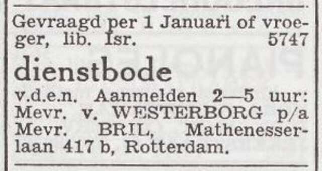 Advertentie 'personeel gevraagd' van mw. van Westerborg