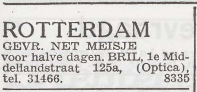 Advertentie 'personeel gevraagd' van het gezin Pinas Bril