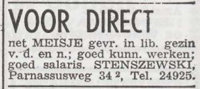 Advertentie 'personeel gevraagd' van het gezin Bruno Stenszewski