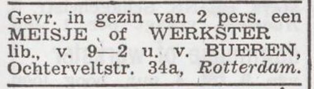Advertentie 'personeel gevraagd' van het gezin Joseph van Bueren