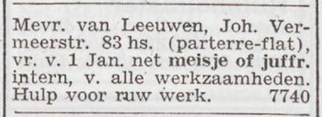 Advertentie 'personeel gevraagd' van Sophia van Leeuwen-Cohen