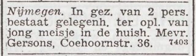 Advertentie 'personeel gevraagd' van het echtpaar Maurits en Cato Gersons