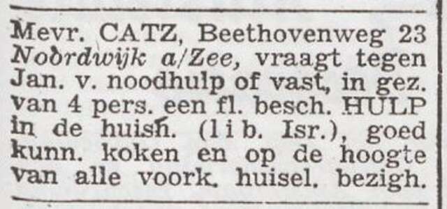 Advertentie 'personeel gevraagd' van Louise Catz-van Dantzig