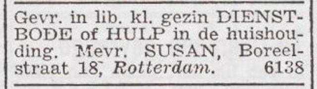 Advertentie 'personeel gevraagd' van het gezin Gerrit Suesan