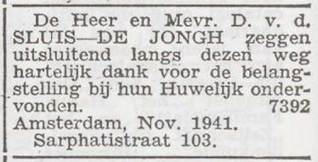 Dankbetuiging van het echtpaar David en Rachel van der Sluis-de Jongh
