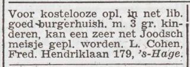 Advertentie 'personeel gevraagd' van het gezin Leendert Cohen