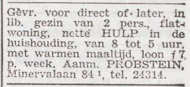 Advertentie 'personeel gevraagd' van het echtpaar Szachna en Elisabeth Probstein