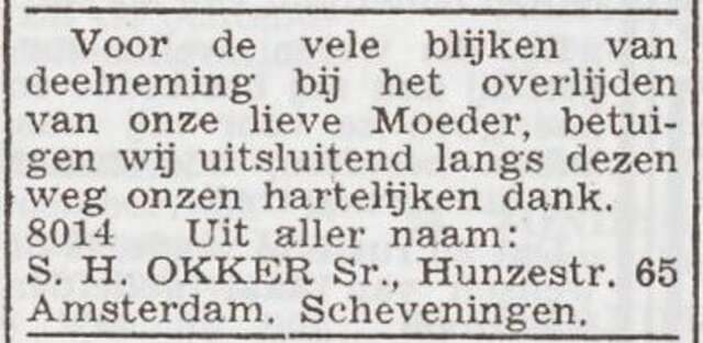 Dankbetuiging van de familie Okker