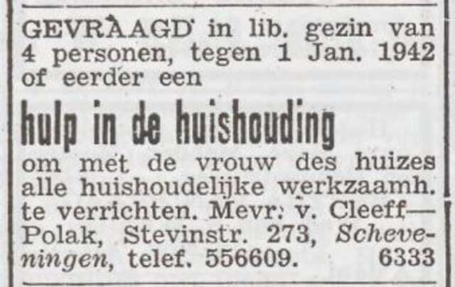 Advertentie 'personeel gevraagd' van mw. van Cleeff-Polak