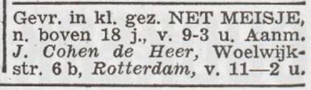 Advertentie 'personeel gevraagd' van Jacob Cohen de Heer