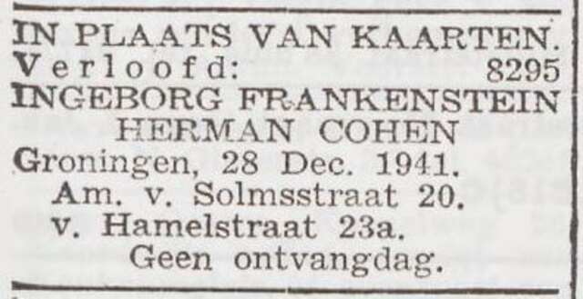Bekendmaking van de verloving van Herman Cohen en Ingeborg Frankenstein