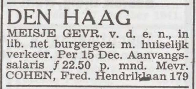 Advertentie 'personeel gevraagd' van Lena Cohen-Pach