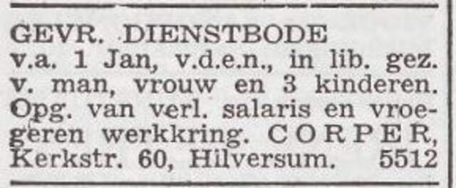 Advertentie 'personeel gevraagd' van het gezin Corper