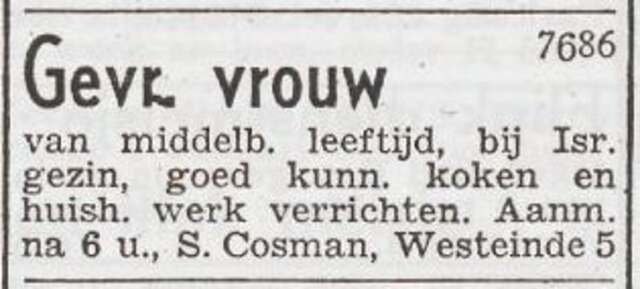 Advertentie 'personeel gevraagd' van Simon en Rosine Cosman