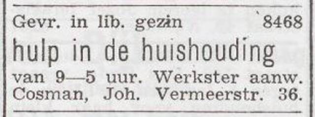 Advertentie 'personeel gevraagd' van het gezin Mozes Cosman