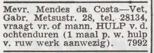 Advertentie van het gezin Jacques Mendes da Costa