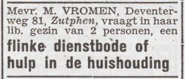 Advertentie 'personeel gevraagd' van het echtpaar Veronica en Meyer Vromen