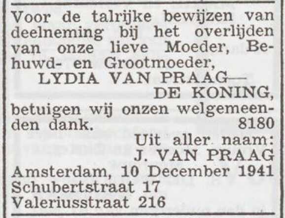 Dankbetuiging van de familie Van Praag