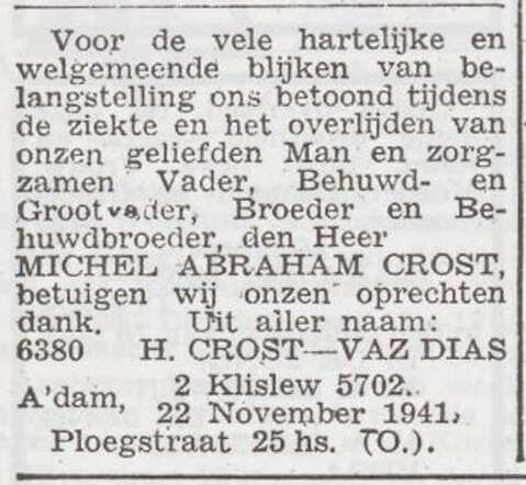 Dankbetuiging van de familie Crost