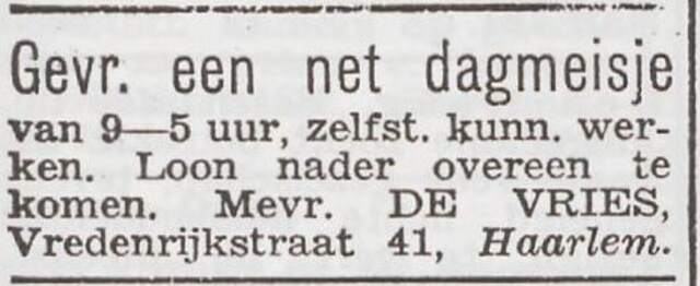 Advertentie 'personeel gevraagd' van Freida de Vries-Berger