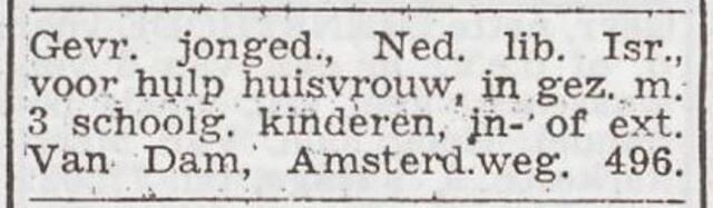 Advertentie 'personeel gevraagd' van het gezin Arnout van Dam