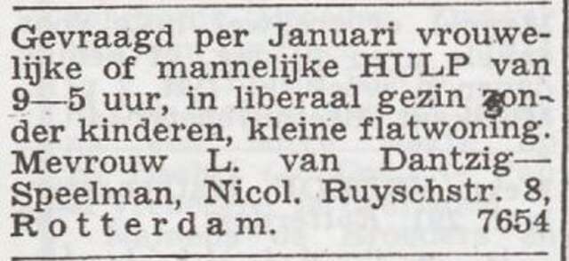 Advertentie 'personeel gevraagd' van Sophia van Dantzig-Speelman