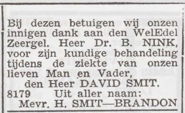 Dankbetuiging van de familie Smit