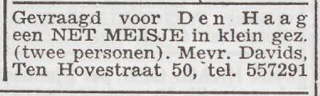 Advertentie 'personeel gevraagd' van het echtpaar Davids