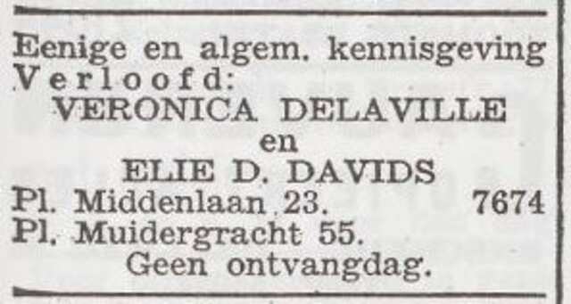 Bekendmaking van de verloving van Elias David Davids en Veronica Delaville