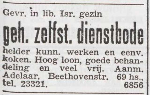 Advertentie 'personeel gevraagd' van het gezin Samuel Adelaar